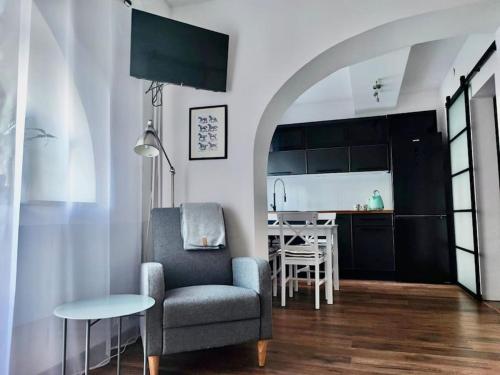 salon z krzesłem i kuchnią w obiekcie Loft w Starej Wozowni w mieście Krynica Zdrój
