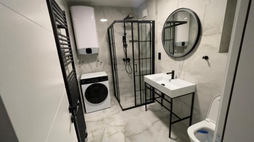 a bathroom with a sink and a shower and a mirror at Apartman Lux in Žepče