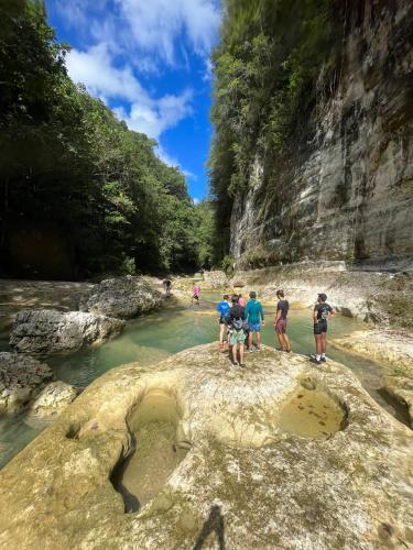a group of people standing on a rock in a river at Surfbreak B&B in Cabarete