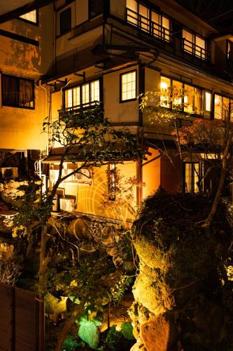 an overhead view of a building at night at Hakone Onsen Ryokan Yaeikan in Hakone