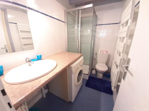 a bathroom with a sink and a shower and a toilet at Maison Seignosse, 2 pièces, 4 personnes - FR-1-239-425 in Seignosse
