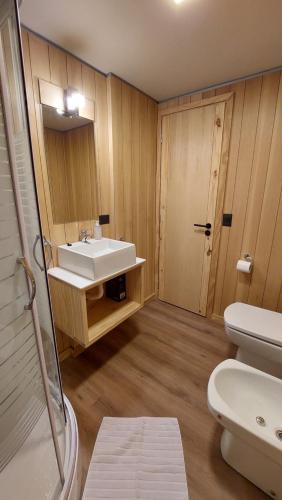 a bathroom with a sink and a toilet and a mirror at Departamento muy cálido y luminoso, excelente ubicación en el centro de SMA. 9V5 in San Martín de los Andes