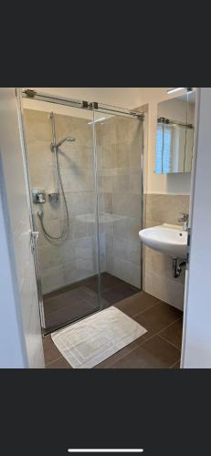 a bathroom with a shower and a sink at Azalea in Cornaiano