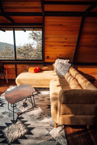 a living room with two beds and a couch at Woodland Cabins in Santa Ana Jilotzingo