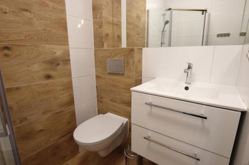 a bathroom with a toilet and a sink at Willa na Plażowej in Węgierska Górka