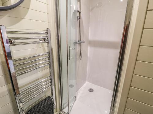 a bathroom with a shower with a glass door at Yr Onnen in Ruthin