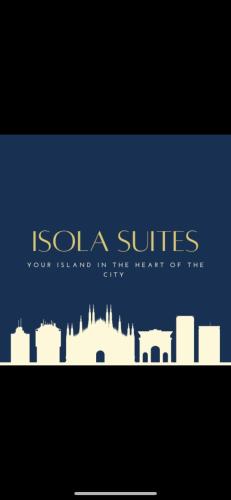 una señal para suites isola con silueta de ciudad en Isola suites en Milán