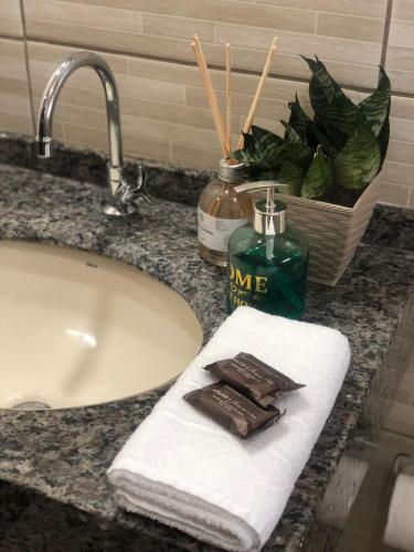 a bathroom counter with a sink and a white towel at Weisse Rose Haus in Pomerode