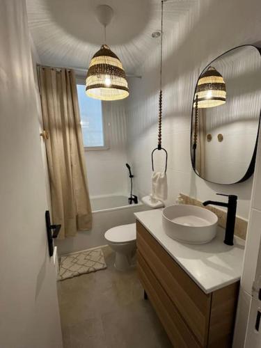 une salle de bain avec un lavabo, des toilettes et un miroir dans l'établissement LE MÉDITERRANÉEN - Terrasse - Parking, à Montpellier