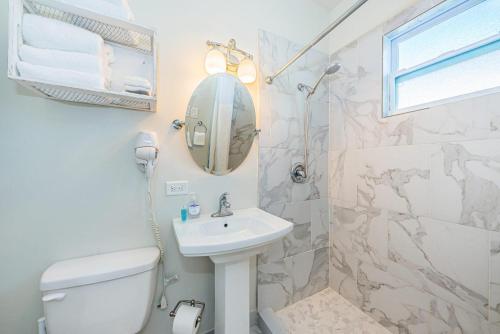 a bathroom with a toilet and a sink and a mirror at Frenchy's Cottage 482 in Clearwater Beach