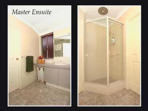 two pictures of a bathroom with a shower and a sink at Lovely house in canning vale in Perth
