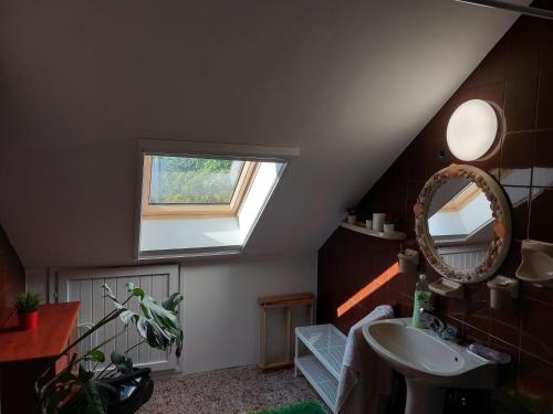 La salle de bains est pourvue d'un lavabo et d'une lucarne. dans l'établissement Summer House Apartman, à Debrecen