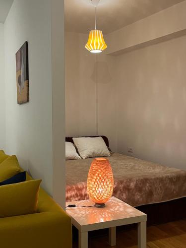 a bedroom with a bed and a lamp on a table at Modern Rajcikk Apartment nearby downtown & Vardar river in Skopje