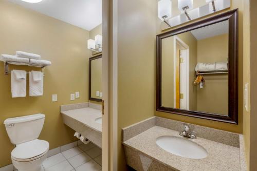 a bathroom with a toilet and a sink and a mirror at Best Western Falcon Plaza in Bowling Green