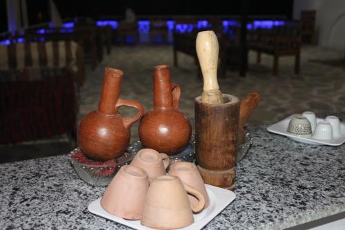Artika Wadi Kiki Hotel في أسوان: مجموعة من المزهريات جالسة على طاولة