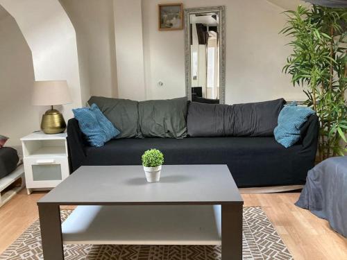 a living room with a black couch and a table at Studio Place d’Italie/Denfert-Rochereau in Paris