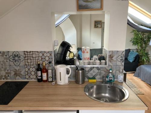 un piano di lavoro con lavandino in cucina di Studio Place d’Italie/Denfert-Rochereau a Parigi