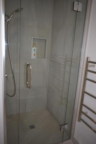 a shower with a glass door in a bathroom at Paradise In Whitianga B & B in Whitianga