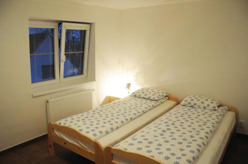 2 Einzelbetten in einem Zimmer mit Fenster in der Unterkunft Apartment Sklipek Alsop in Mutěnice