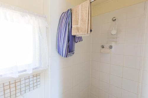La salle de bains est pourvue d'une douche et d'une serviette bleue. dans l'établissement Wonboyn Cabins, à Wonboyn