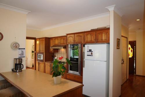 a kitchen with wooden cabinets and a white refrigerator at Hope in Exeter