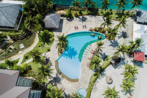 an overhead view of the pool at the resort at Palau Royal Resort in Koror