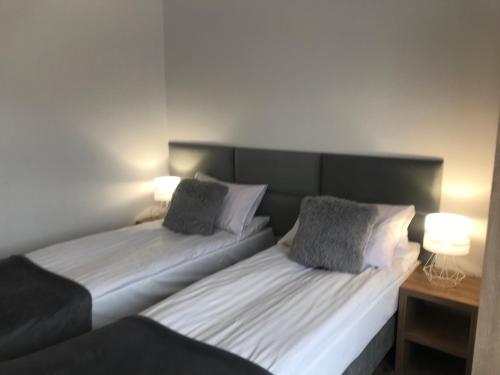 twee bedden in een kamer met twee lampen erop bij Apartament Pod Górami in Zakopane