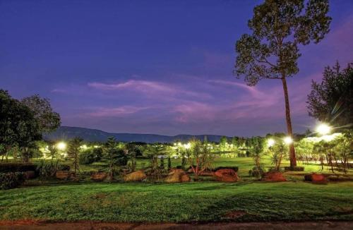 a park at night with a tree and lights at Ravin Home ราวินโฮม in Nakhon Nayok