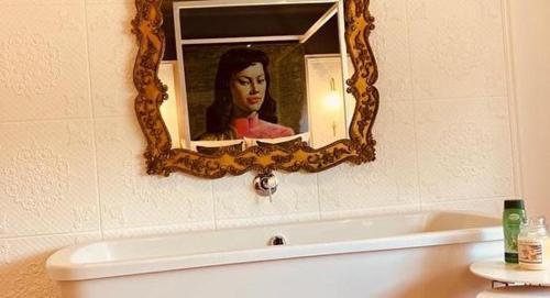 a mirror on the wall with a picture of a woman at Cellar In Town in Robertson