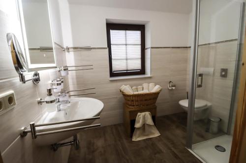 a bathroom with a sink and a toilet and a window at Ferienhaus Alpaka Glück in Frauenstein