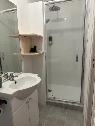 La salle de bains est pourvue d'un lavabo blanc et d'une douche. dans l'établissement Appart 500 m centre ville - gare, à Soissons