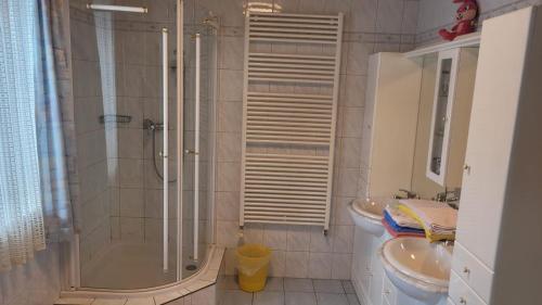 a bathroom with a shower and a sink at Gästehaus Raab in Ranten