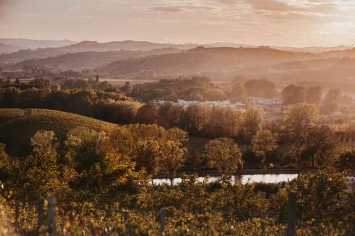 a view of a valley with trees and mountains at Agriturismo Tenuta La Romana in Nizza Monferrato