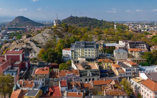 an aerial view of a city with buildings at VIZUALIZA Residence Hotel in Plovdiv
