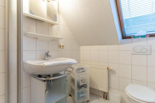 een badkamer met een wastafel en een toilet bij null Haus Achtern Poggendiek, Whg Spatzennest, OG in Sankt Peter-Ording