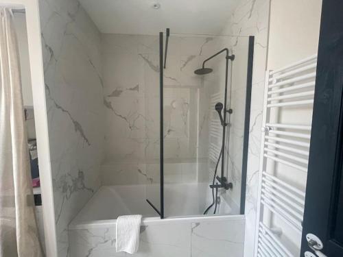 eine Dusche mit Glastür im Bad in der Unterkunft Appartement calme centre ville rénovation récente in Le Touquet-Paris-Plage