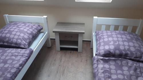 two beds in a room with a table and a desk at Waldquelle in Plauen