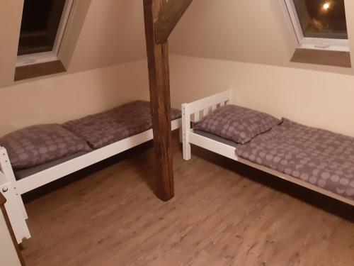 two bunk beds in a room with wooden floors at Waldquelle in Plauen