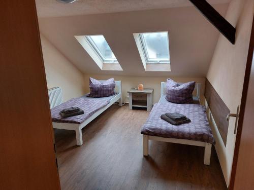 a attic room with two beds and two windows at Waldquelle in Plauen