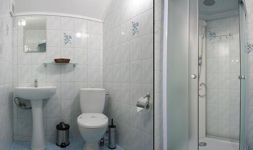 a bathroom with a toilet and a sink and a shower at Proskurov Holiday Home in Bukovel