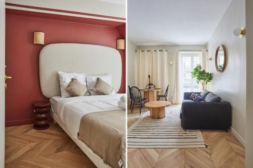 1 dormitorio con 1 cama y sala de estar en Apartment Notre Dame de Paris by Studio prestige, en París