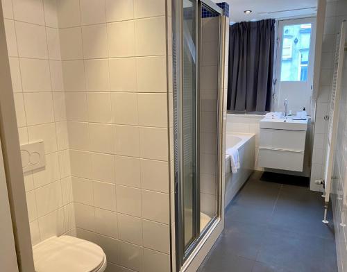 a bathroom with a shower and a toilet and a sink at Residences Old South in Amsterdam