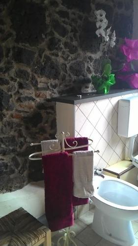 ein Badezimmer mit einem weißen WC und lila Handtüchern in der Unterkunft Domus Maria in Milis