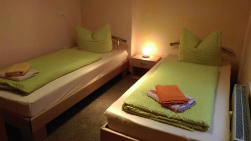 two beds in a small room with green sheets at Pension Remenar & Lorenz in Zeithain