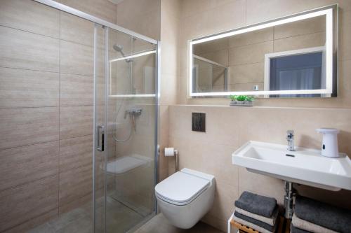 a bathroom with a shower and a toilet and a sink at Apartmán Holia, Kubínska Hoľa in Dolný Kubín