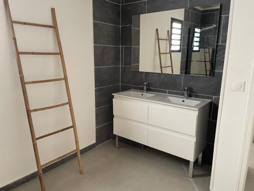 La salle de bains est pourvue d'une échelle, d'un lavabo et d'un miroir. dans l'établissement Arbre à pain, à Bras-Panon