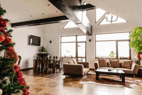 a living room with a christmas tree and a table at CONTELE VLADIMIR in Bran