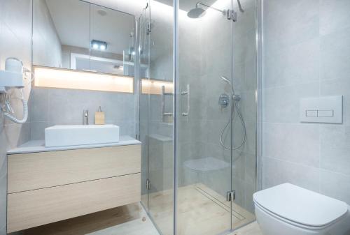 a bathroom with a shower and a toilet and a sink at Apartament Pobierowo PINEA in Pobierowo