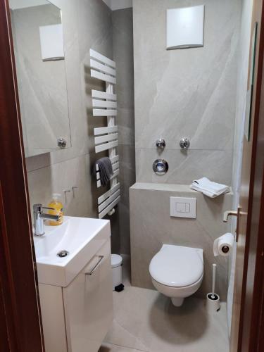 a bathroom with a white toilet and a sink at Schicke Wohnungen in Stadtnähe in Würzburg