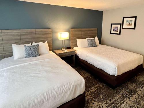 a hotel room with two beds and a lamp at Clarion Hotel & Convention Center Joliet in Joliet
